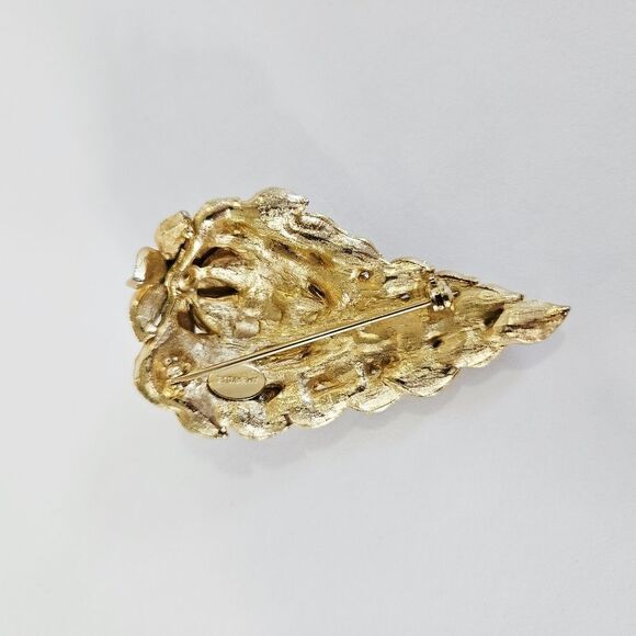 Amerique Vintage '50s Signed Brushed Gold Tone Double Leaf Rhinestone Brooch Pin - Picture 5 of 8